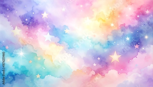 Dreamy pastel sky with stardust and clouds, watercolor style; soft, whimsical, and colorful