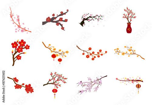 Blooming plum blossom branch collection. Vector pink sakura flowers and vases for Chinese Spring Festival decoration