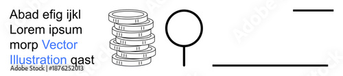 Finance, analysis, design templates, editorial layouts, graphic design, typography. Stacked coins, magnifying glass and lines next to placeholder text. Finance and analysis
