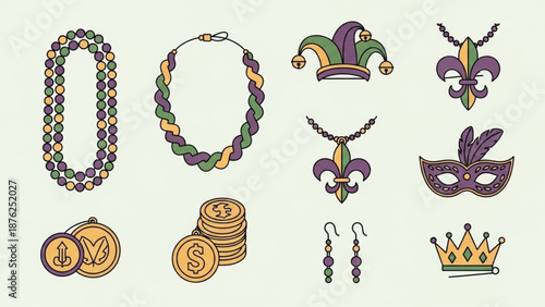 Mardi Gras Accessories and Symbols Isolated on White Background