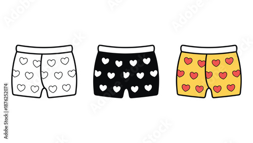 A colorful illustration of three pairs of shorts with heart patterns