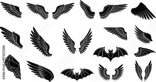 Collection of black wings in varied shapes, bird or angel wing elements