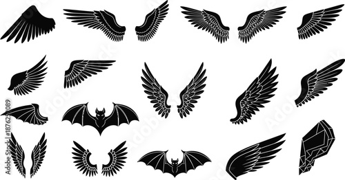 Collection of black wings in varied shapes, bird or angel wing elements