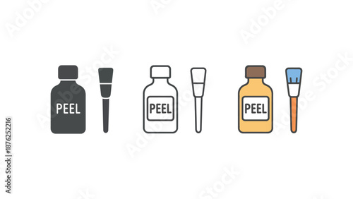 A collection of chemical peel bottles and applicator brushes for skincare treatments