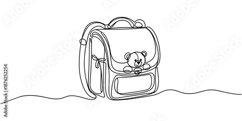 Baby school bag continuous one line drawing, Self drawing line school backpack bag Back to school education, single line drawing of a backpack, Minimalism concept.