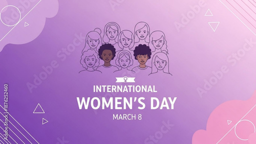 International Womens Day Celebration with Diverse Women Faces on Purple Background