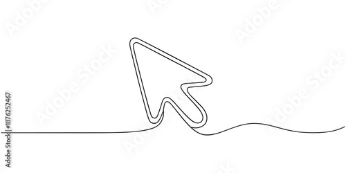 Continuous drawing of cursor arrow. One line icon of cursor arrow, Background of drawing one line on a white background. A single line drawing of a cursor. Continuous line cursor icon.