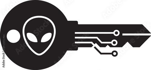 Digital key icon featuring alien head silhouette and electronic circuit board wiring patterns