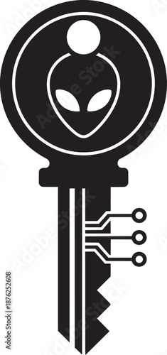 Digital key with alien head and circuit board elements symbolizing advanced encryption