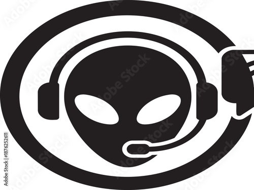 Extraterrestrial communication icon showing grey alien head wearing microphone headset in circular target logo design