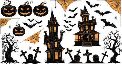 vector set halloween silhouette featuring spooky trees, haunted houses, carved pumpkin faces, spider webs, bats, and pumpkin shapes. Halloween icon.