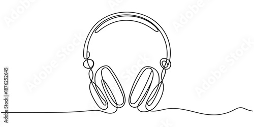 minimal continuous line art illustration of headphones with sound wave, one line drawing symbolizing music, audio, podcast, listening, streaming and modern sound technology
