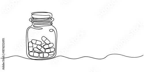 Medicine container, pill bottle, vitamins and supplements jar. Pharmaceutical packaging. One line continuous drawing vector illustration. Health care product, medical concept.