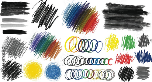 Colorful hand-drawn brush strokes and scribbles in a playful abstract style, rough texture, bright colors on a light background