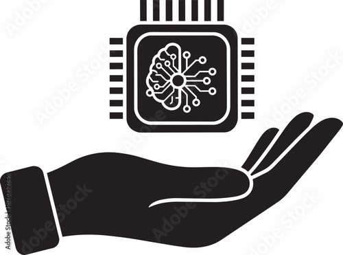 Hand holding a microprocessor with brain circuitry representing artificial intelligence