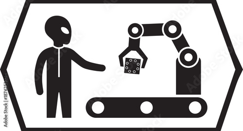 Industrial manufacturing of technology components with alien worker and robotic arm vector design