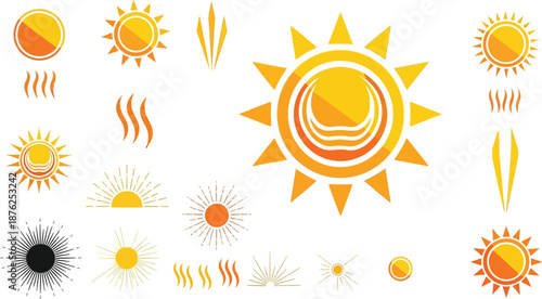 Collection of sun symbols with various rays shapes and starburst elements in black color on white background