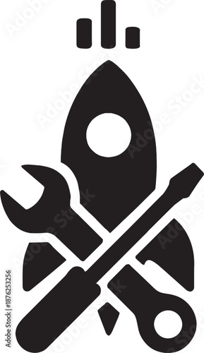 Rocket launch silhouette with crossed wrench and screwdriver tools for aerospace engineering