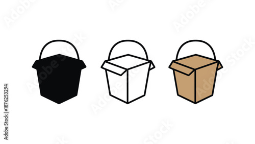 A set of three colorful takeout containers on a white background