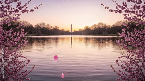 Washington Monument reflected in Tidal Basin during cherry blossom season at sunrise.