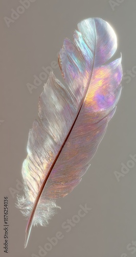 Iridescent white feather on neutral background