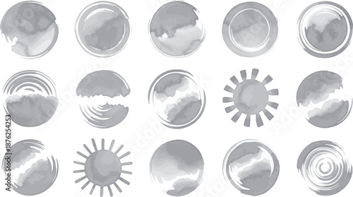 Collection of sun symbols with various rays shapes and starburst elements in black color on white background
