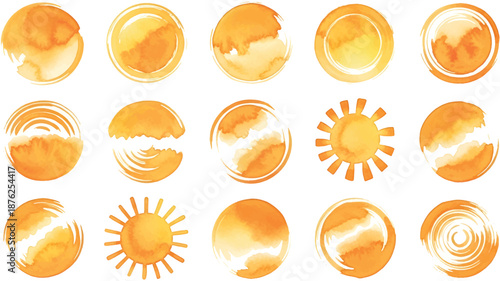 Collection of sun symbols with various rays shapes and starburst elements in black color on white background