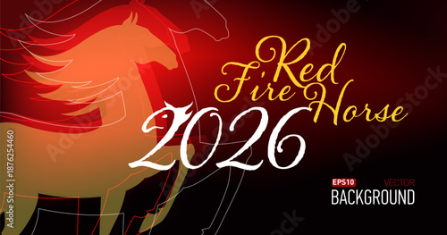 New year card for new 2026 year with red fire horse. Bokeh lights, festive atmosphere. Realistic vector. New year lettering.