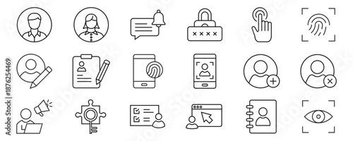 User Account Web Icons Collection in Line Style. User Profile Linear Icons Collection, Including Profile, avatar, login, password, username, add friend, access, connect, and more. Editable borders.
