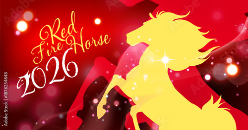 New year card for new 2026 year with red fire horse. Bokeh lights, festive atmosphere. Realistic vector. New year lettering.