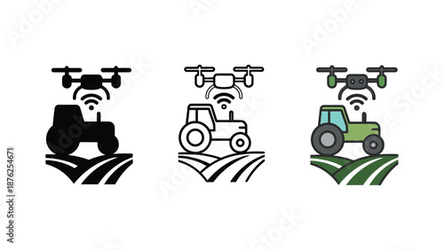Agricultural drones and tractors in a modern farming landscape