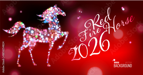 New year card for new 2026 year with red fire horse. Bokeh lights, festive atmosphere. Realistic vector. New year lettering.
