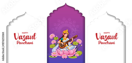 vector illustration of Goddess Saraswati for Vasant Panchami Puja of India