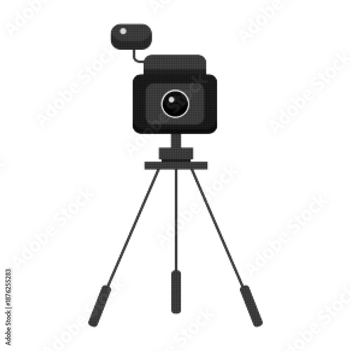 Black and white halftone illustration of a video camera on tripod, isolated on white background. Media and content creation concept for filming, streaming, photography, or production design.