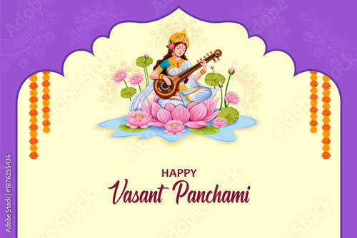 vector illustration of Goddess Saraswati for Vasant Panchami Puja of India