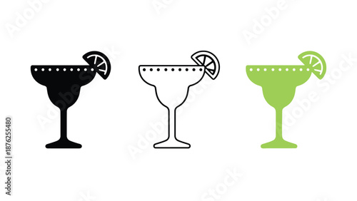 Three colorful margarita cocktail icons with lime wedges on a white background