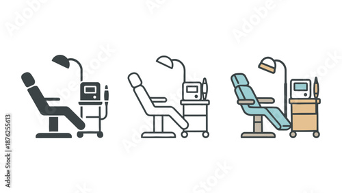 A set of colorful dental chair icons on a white background