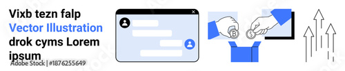Digital communication, online payment, e-commerce, business growth, connections, success. A chat window, hand exchanging coins and upward arrows. Digital communication and online payment concepts