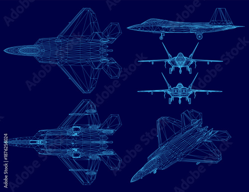 Blueprint of unique fighter jets in a symmetrical wireframe set. The combat aircraft designs contrast sharply against a solid blue background.