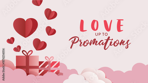 Flat vector love themed marketing background with hearts and gifts for promotions and advertising campaigns with a sweet and romantic atmosphere