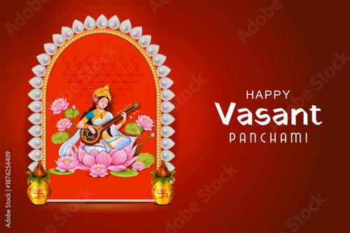 vector illustration of Goddess Saraswati for Vasant Panchami Puja of India