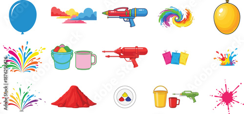 Colorful illustration of birthday party supplies and decorations