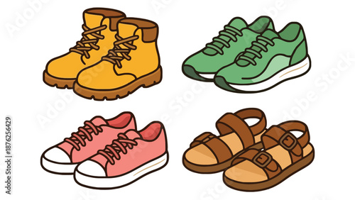 A colorful illustration of various types of shoes on a white background
