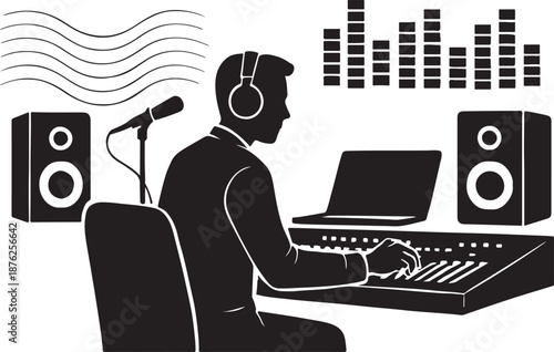 Music producer silhouette working on mixing console, creative industry concept.