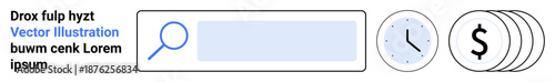 Digital tools, time management, financial planning, search functionality, online business, efficiency. Search bar with magnifying glass, clock icon and coins. Time management and digital tools