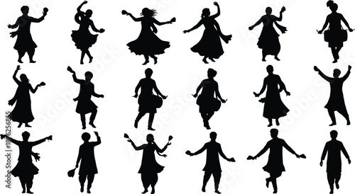 Silhouette of multiple people dancing in various poses