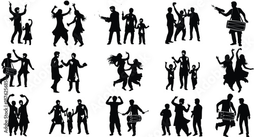 Collection of 20 black silhouettes of people in various dance and movement poses