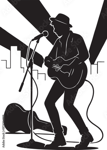 Street musician silhouette performing live