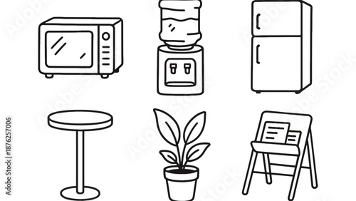 A simple line drawing of various household items on a white background