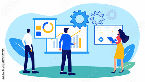 Business team analyzing data on screens with graphs
